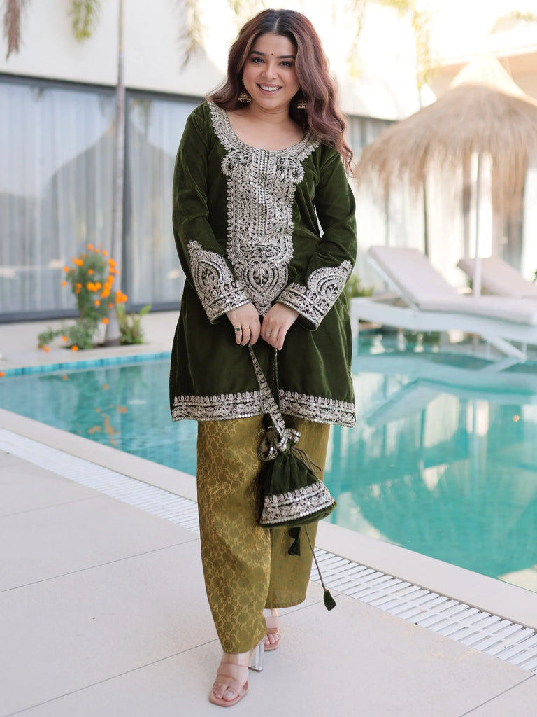 Olive Green Velvet Embroidered Kurta Pant Set with Potli Bag Festive & Wedding Wear for Women