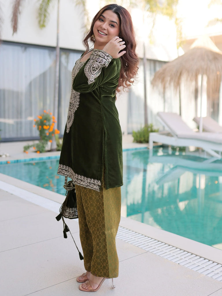 Olive Green Velvet Embroidered Kurta Pant Set with Potli Bag Festive & Wedding Wear for Women