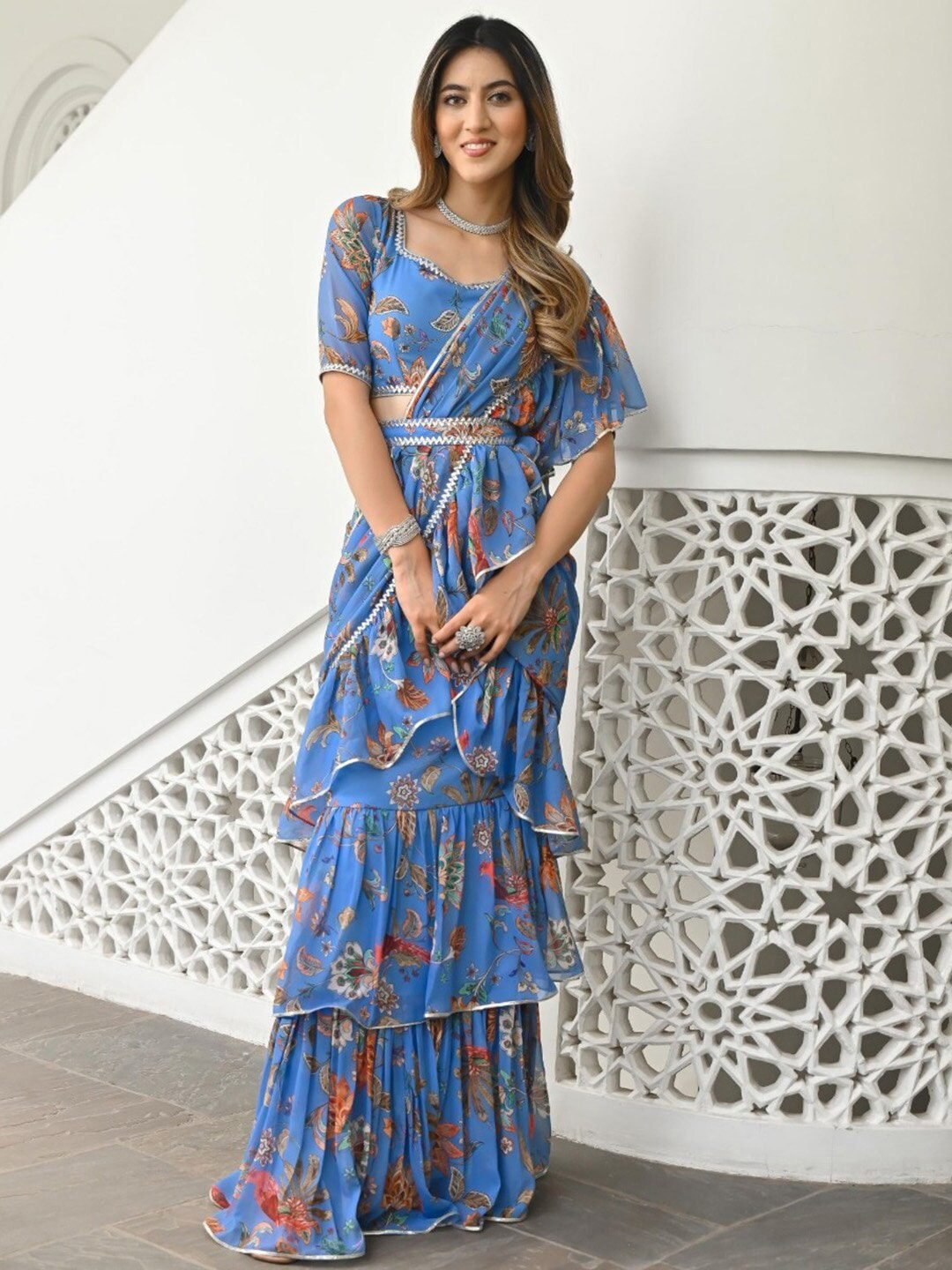 Blue & Brown Floral Printed Ruffled Ready To Wear Saree