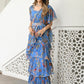 Blue & Brown Floral Printed Ruffled Ready To Wear Saree