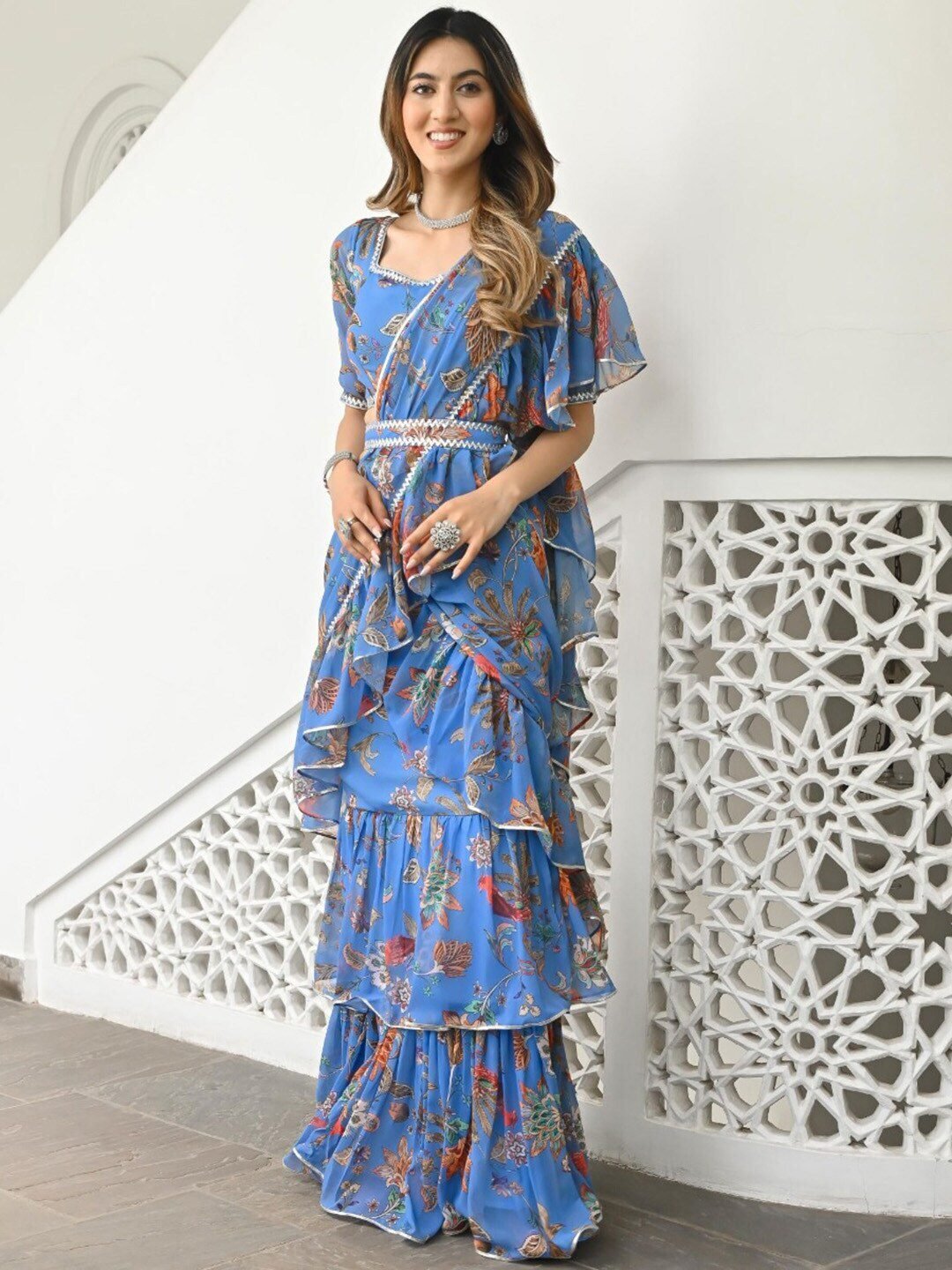 Blue & Brown Floral Printed Ruffled Ready To Wear Saree