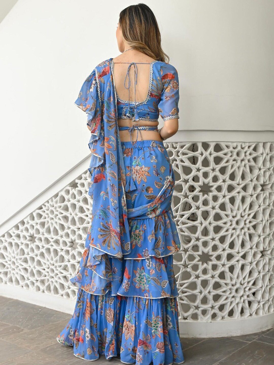 Blue & Brown Floral Printed Ruffled Ready To Wear Saree