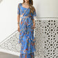 Blue & Brown Floral Printed Ruffled Ready To Wear Saree