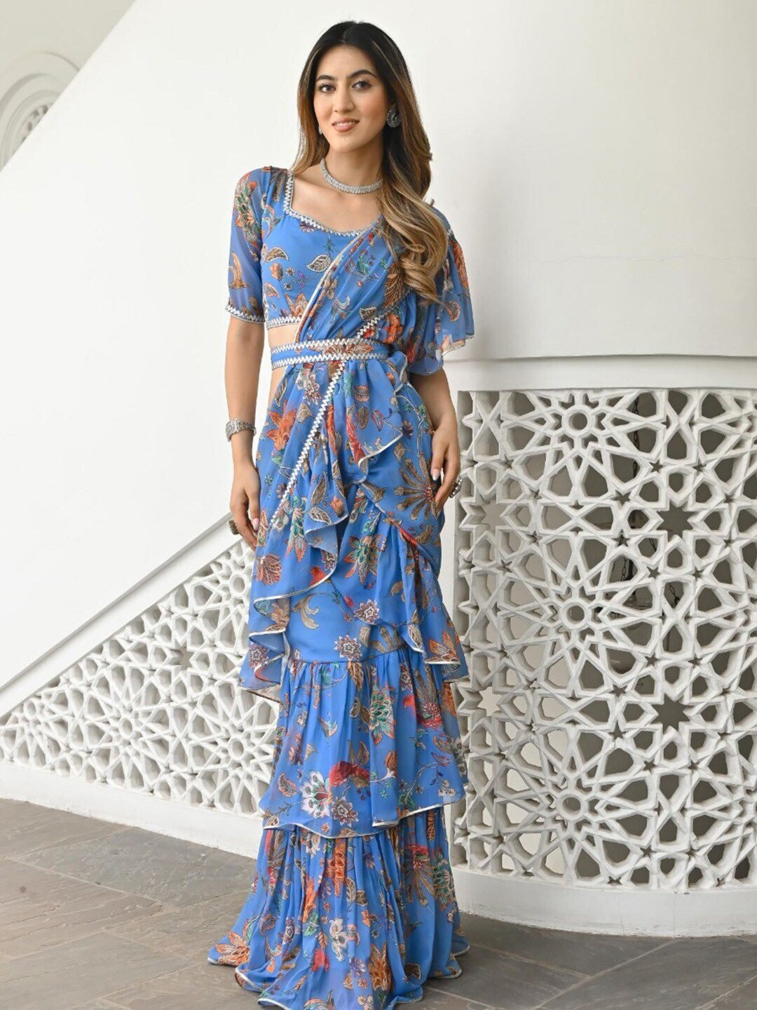 Blue & Brown Floral Printed Ruffled Ready To Wear Saree
