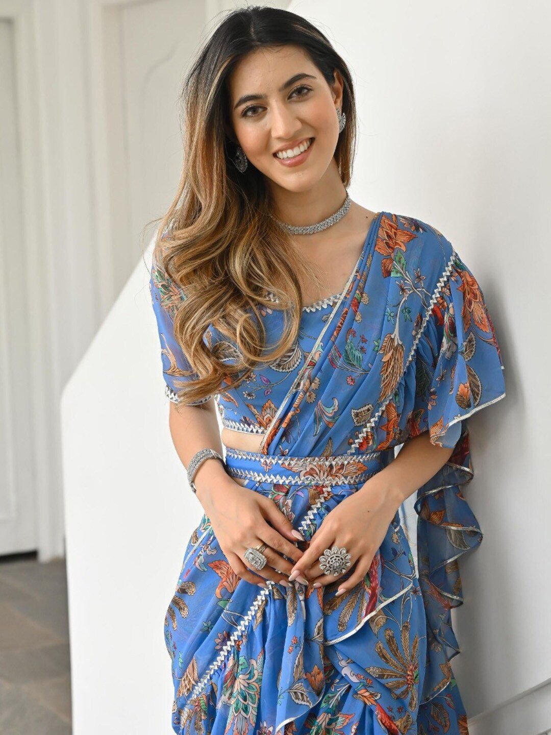Blue & Brown Floral Printed Ruffled Ready To Wear Saree