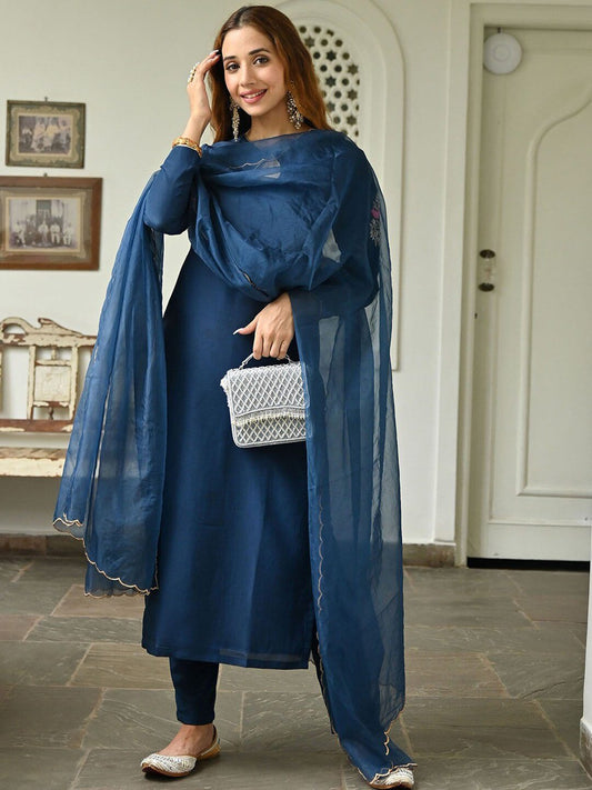 Floral Embroidered Kurta with Trousers & Dupatta