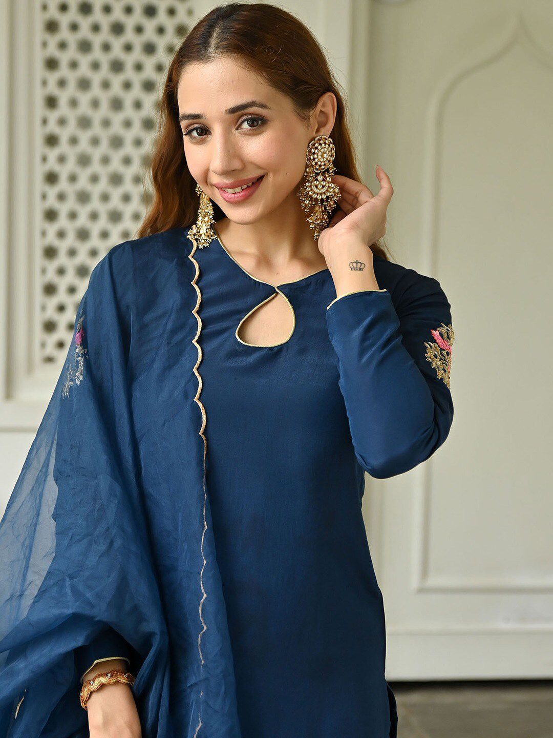 Floral Embroidered Kurta with Trousers & Dupatta