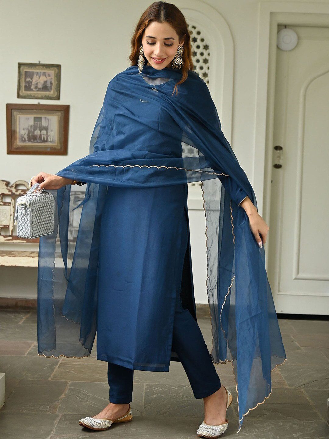 Floral Embroidered Kurta with Trousers & Dupatta