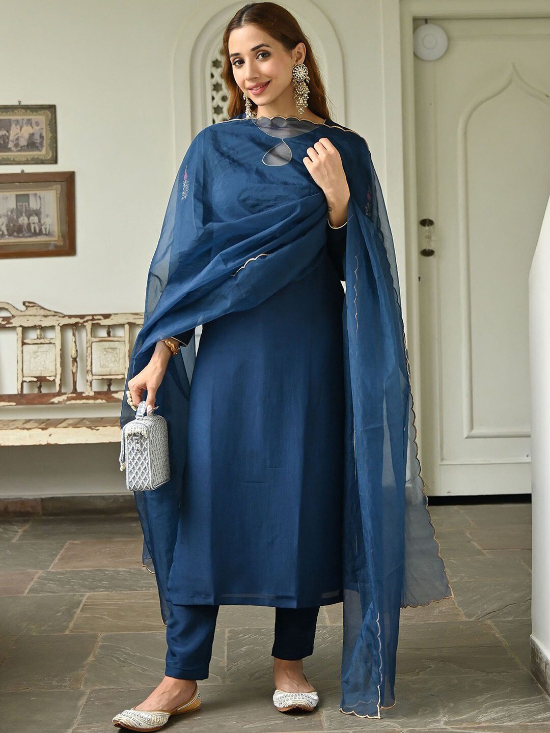 Floral Embroidered Kurta with Trousers & Dupatta