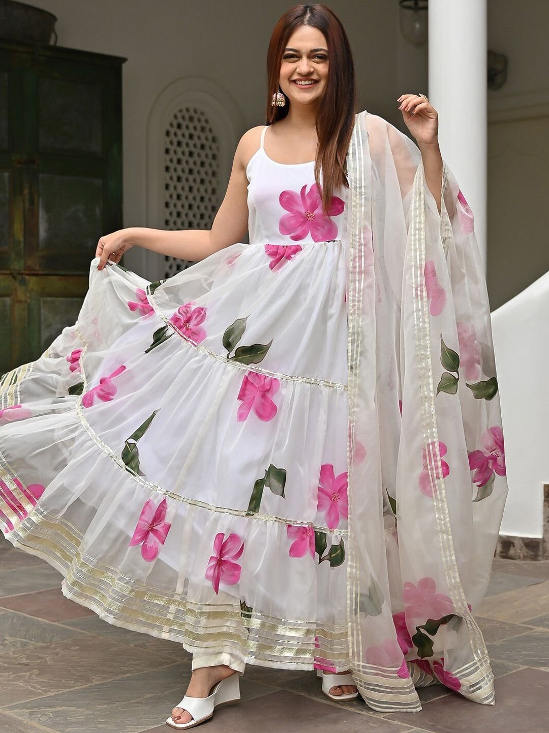 Floral Printed Empire Gotta Patti A-Line Kurta With Pyjamas & Dupatta