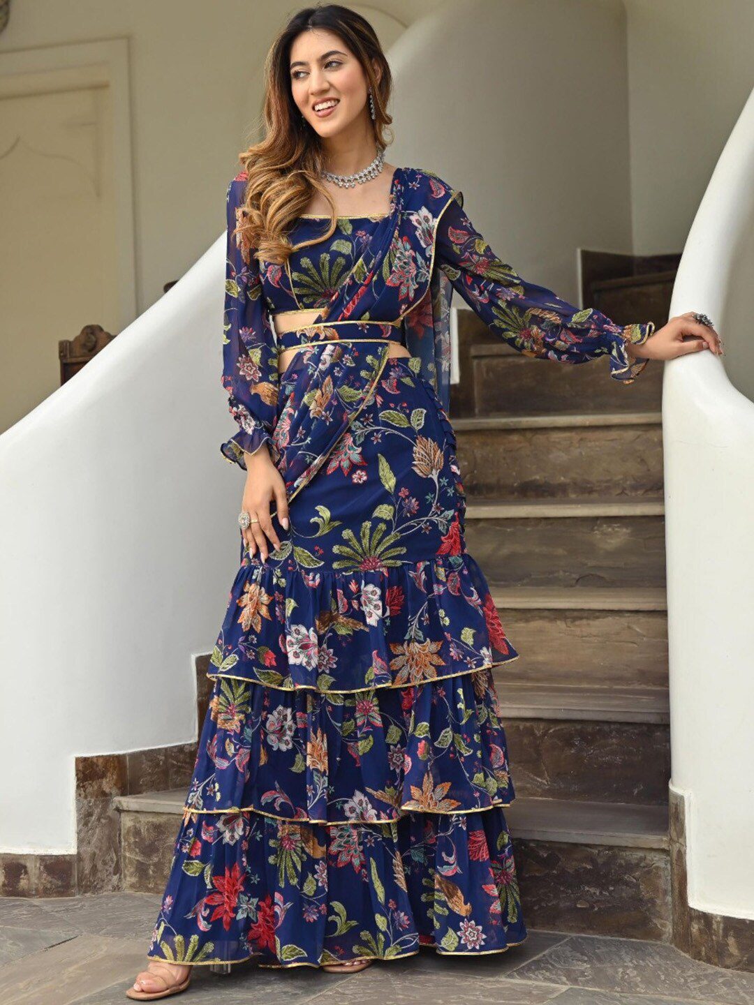 Floral Printed Gotta Patti Ready To Wear Saree