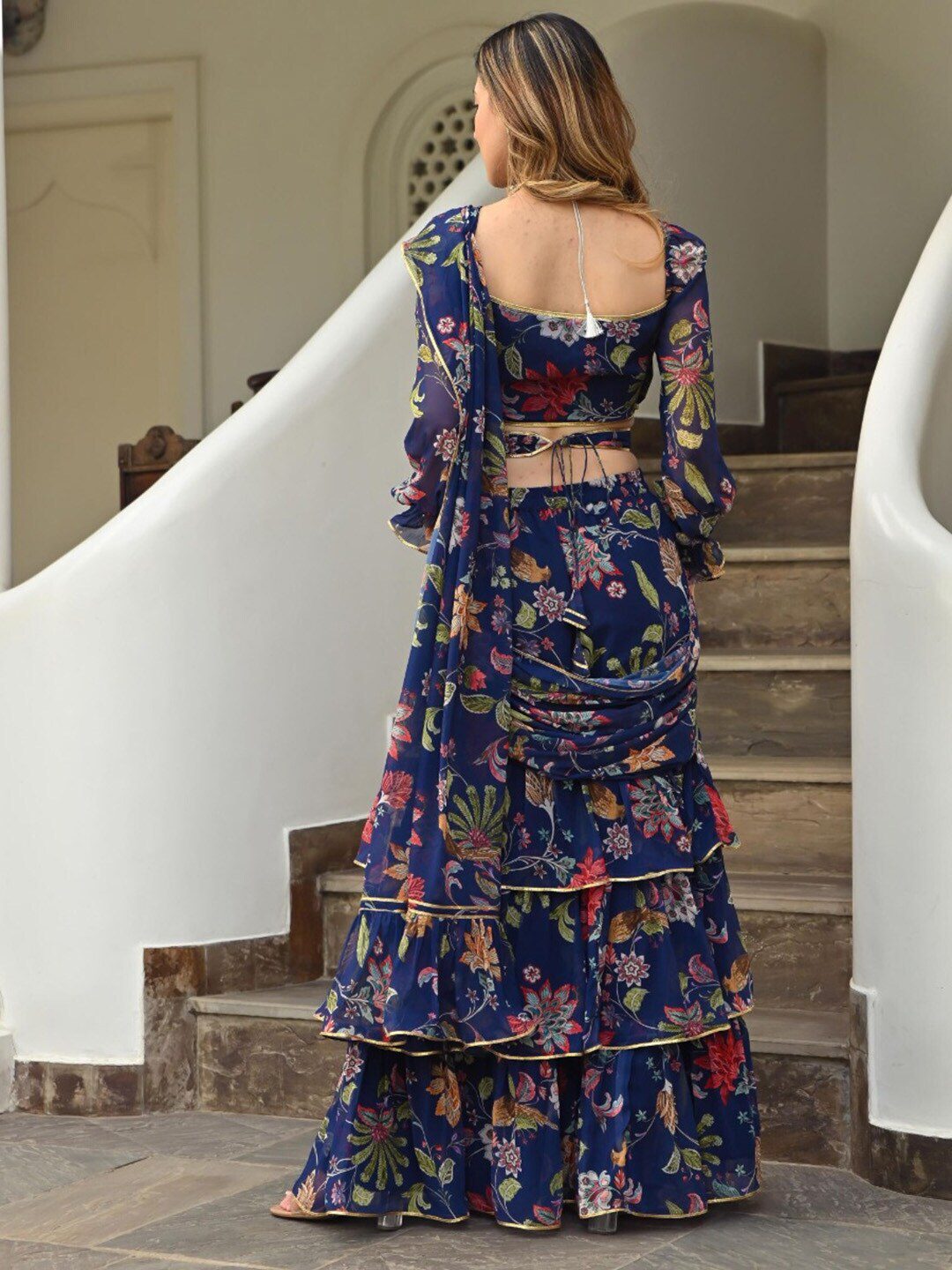 Floral Printed Gotta Patti Ready To Wear Saree