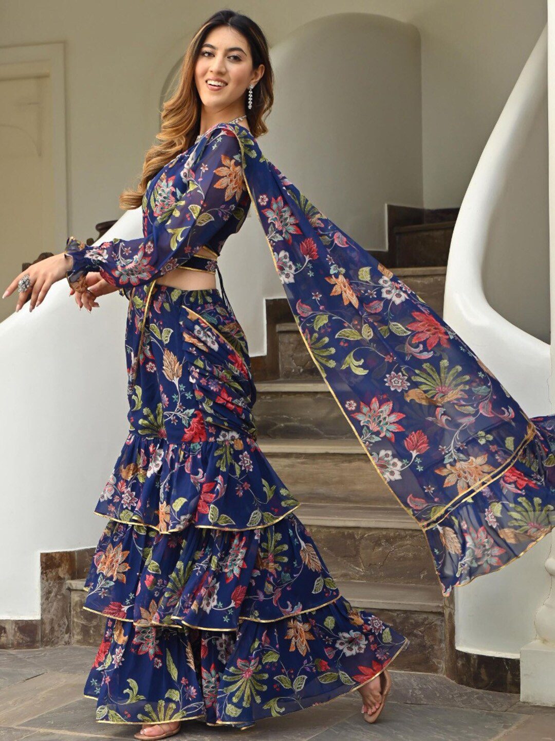 Floral Printed Gotta Patti Ready To Wear Saree
