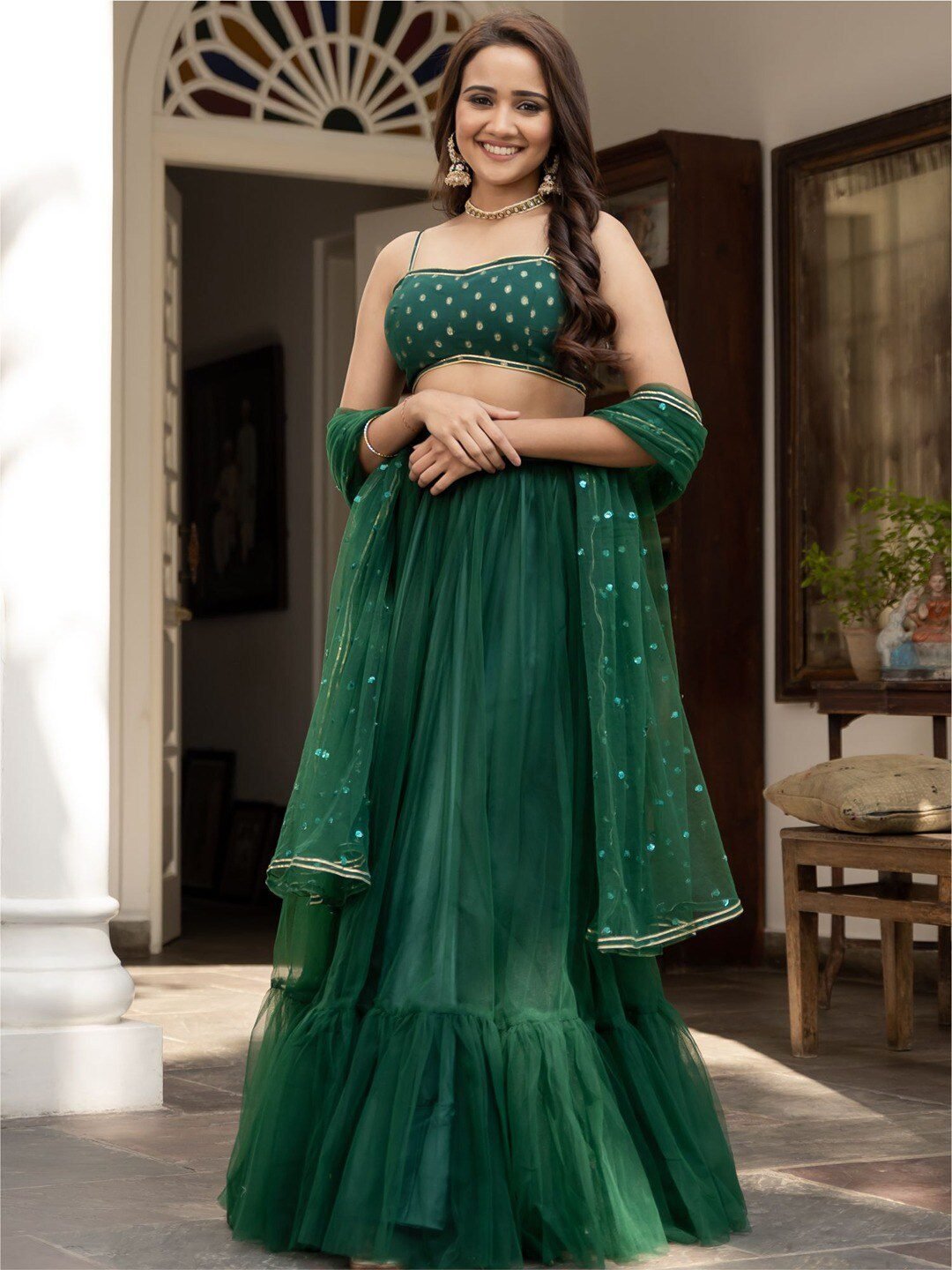 Green & Gold-Toned Embroidered Ready to Wear Lehenga & Blouse With Dupatta