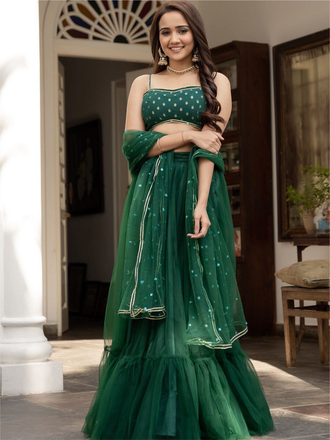 Green & Gold-Toned Embroidered Ready to Wear Lehenga & Blouse With Dupatta