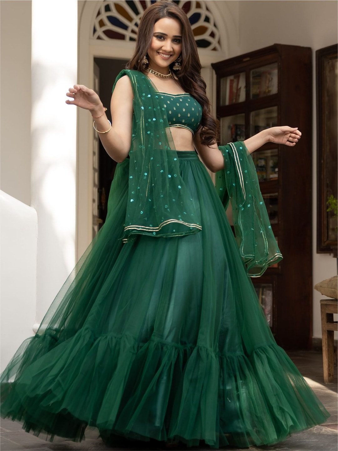 Green & Gold-Toned Embroidered Ready to Wear Lehenga & Blouse With Dupatta