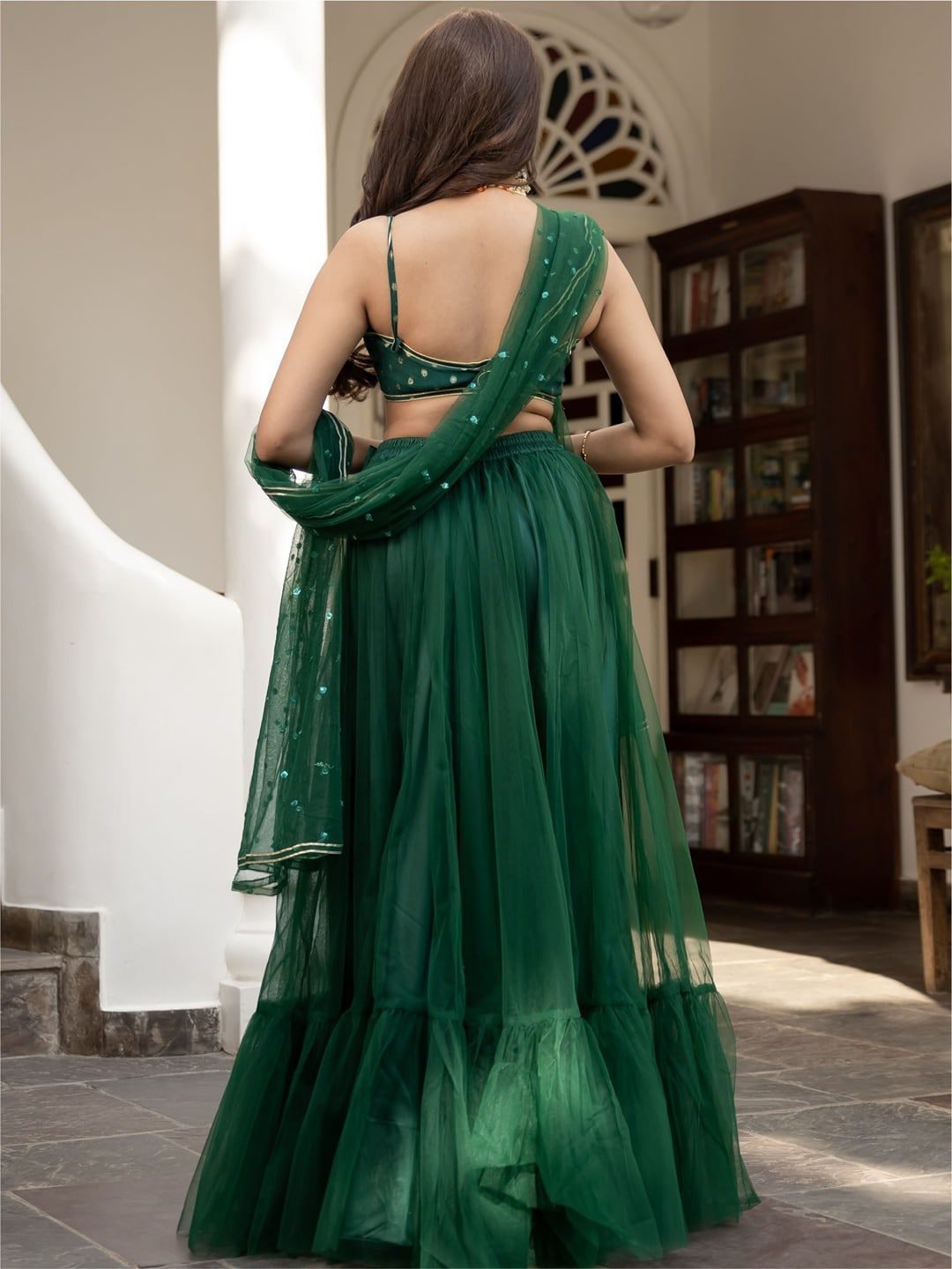 Green & Gold-Toned Embroidered Ready to Wear Lehenga & Blouse With Dupatta