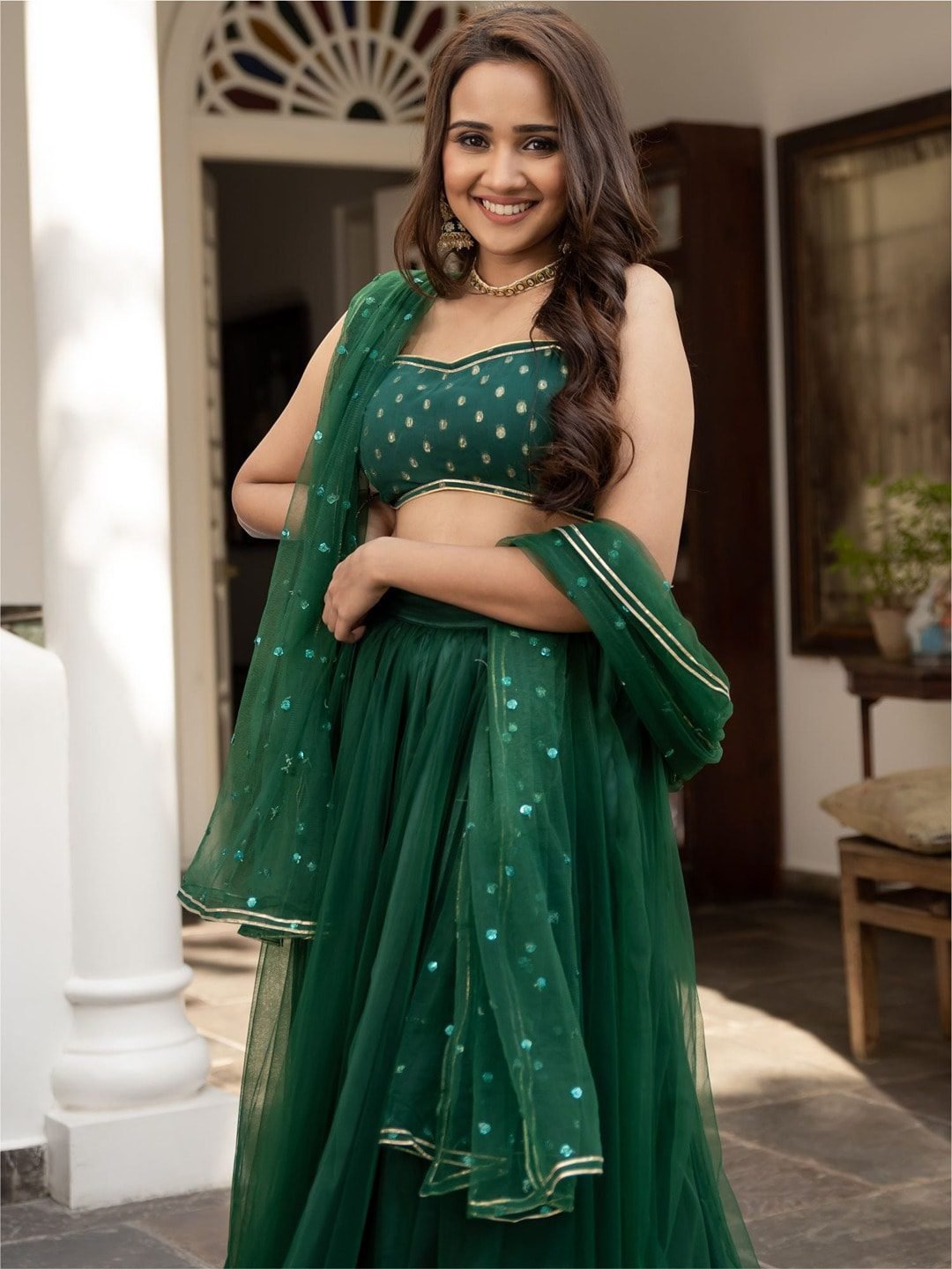 Green & Gold-Toned Embroidered Ready to Wear Lehenga & Blouse With Dupatta