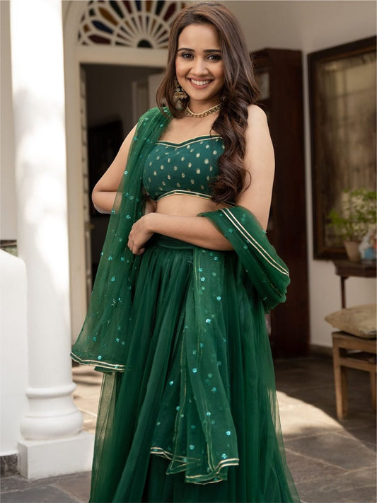Green & Gold-Toned Embroidered Ready to Wear Lehenga & Blouse With Dupatta