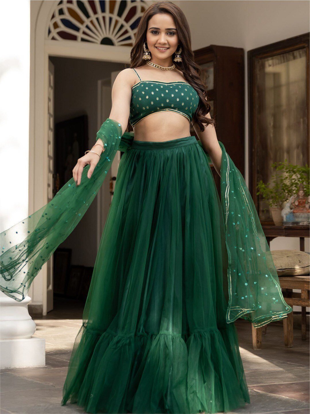 Green & Gold-Toned Embroidered Ready to Wear Lehenga & Blouse With Dupatta