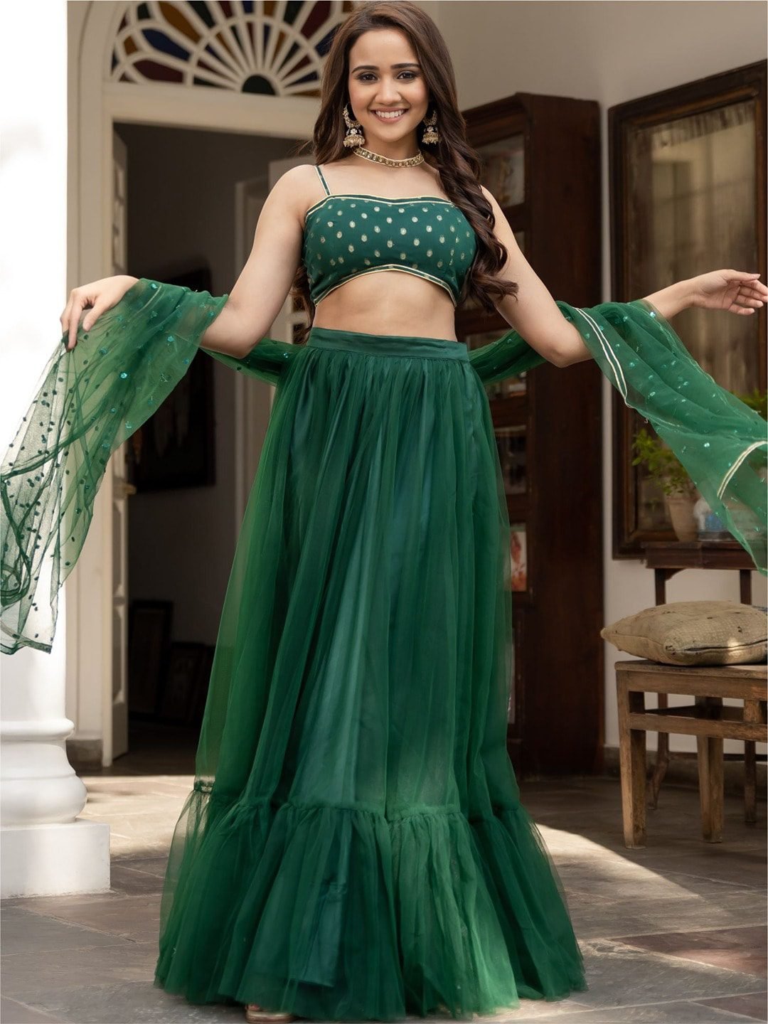 Green & Gold-Toned Embroidered Ready to Wear Lehenga & Blouse With Dupatta