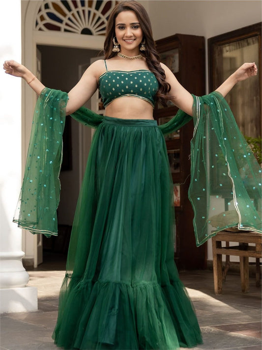 Green & Gold-Toned Embroidered Ready to Wear Lehenga & Blouse With Dupatta