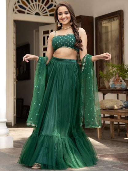 Green & Gold-Toned Embroidered Ready to Wear Lehenga & Blouse With Dupatta