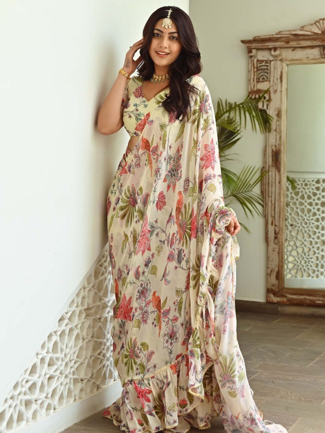 Green & Maroon Floral Ready to Wear Saree