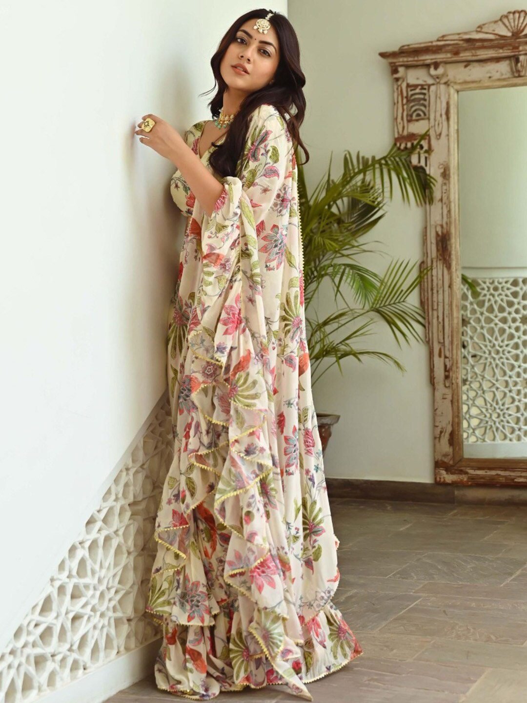 Green & Maroon Floral Ready to Wear Saree