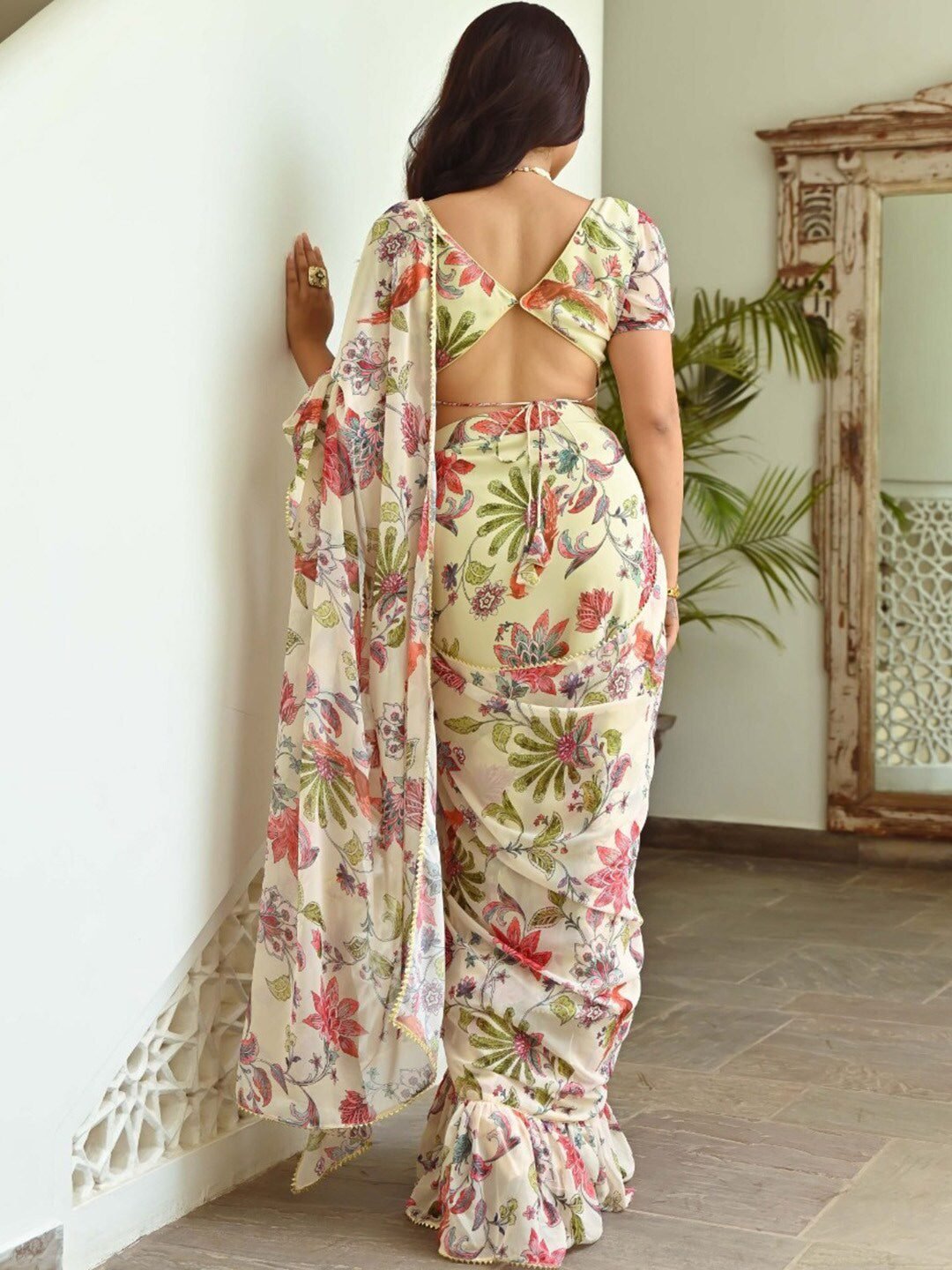 Green & Maroon Floral Ready to Wear Saree