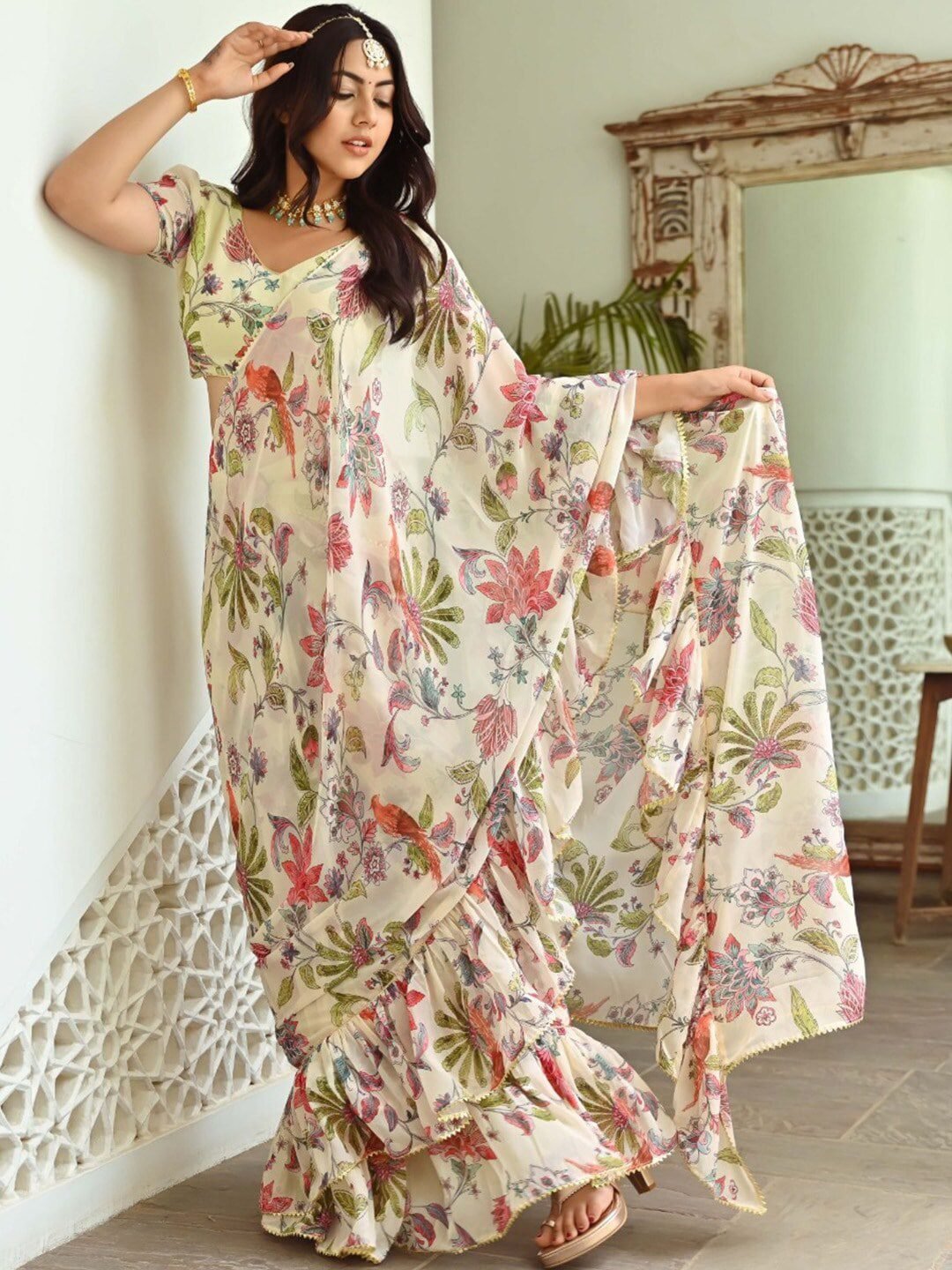 Green & Maroon Floral Ready to Wear Saree