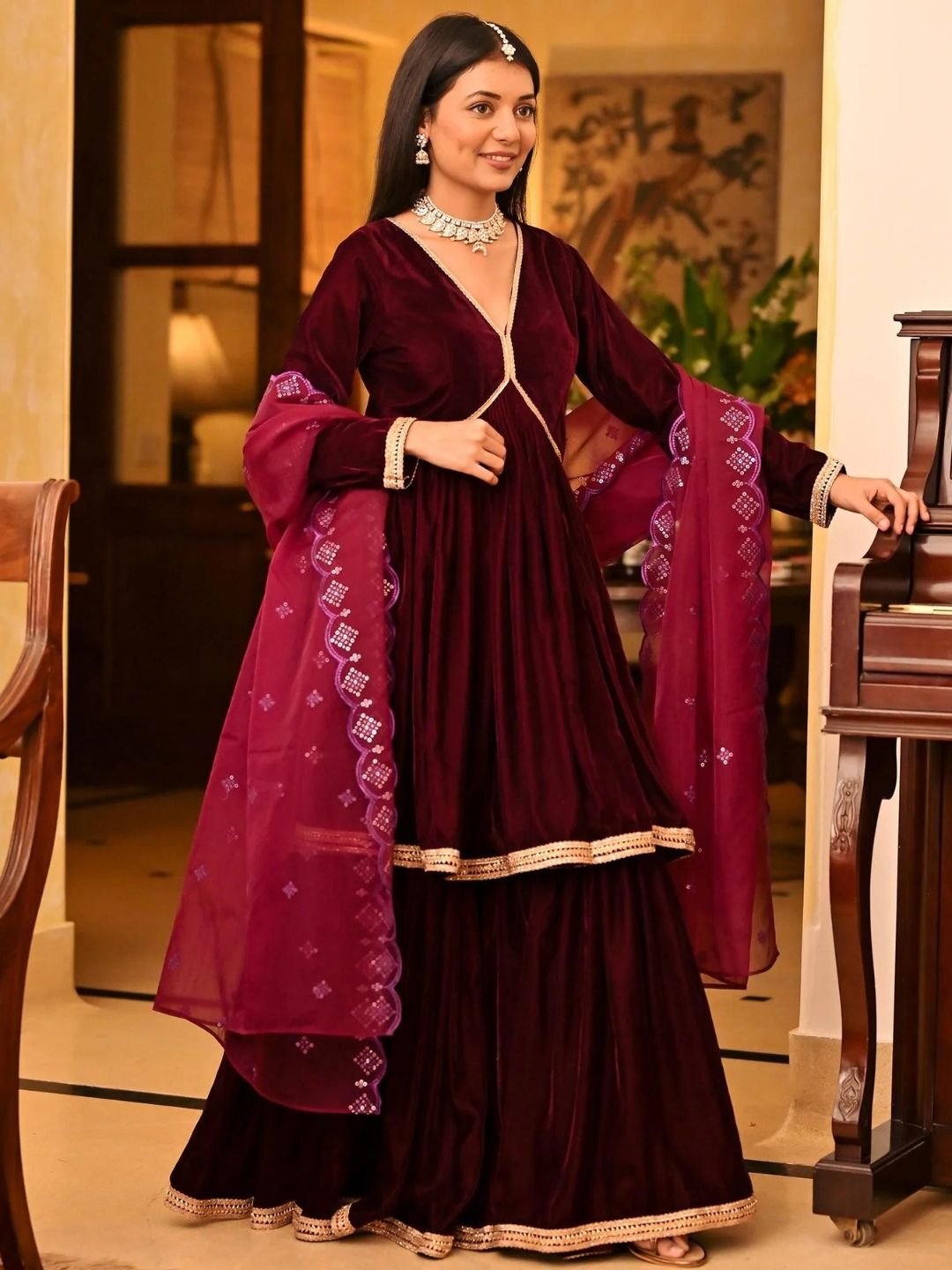 Lavanya The Label Magenta Velvet Sharara Set