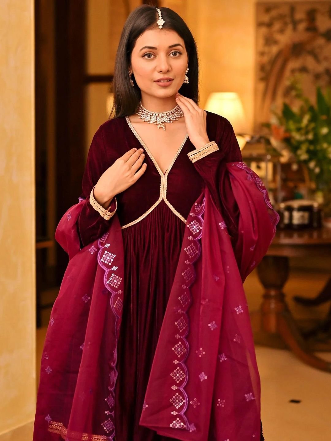 Lavanya The Label Magenta Velvet Sharara Set