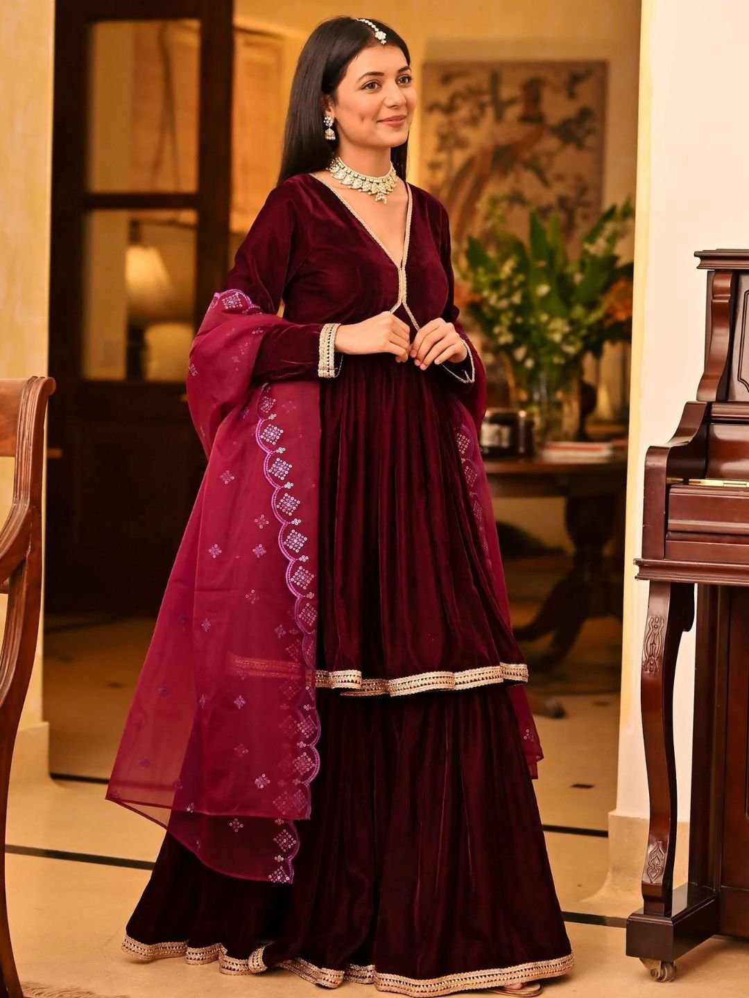 Lavanya The Label Magenta Velvet Sharara Set