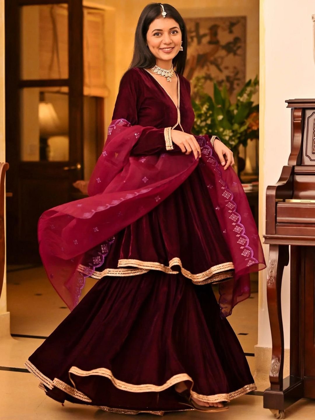Lavanya The Label Magenta Velvet Sharara Set