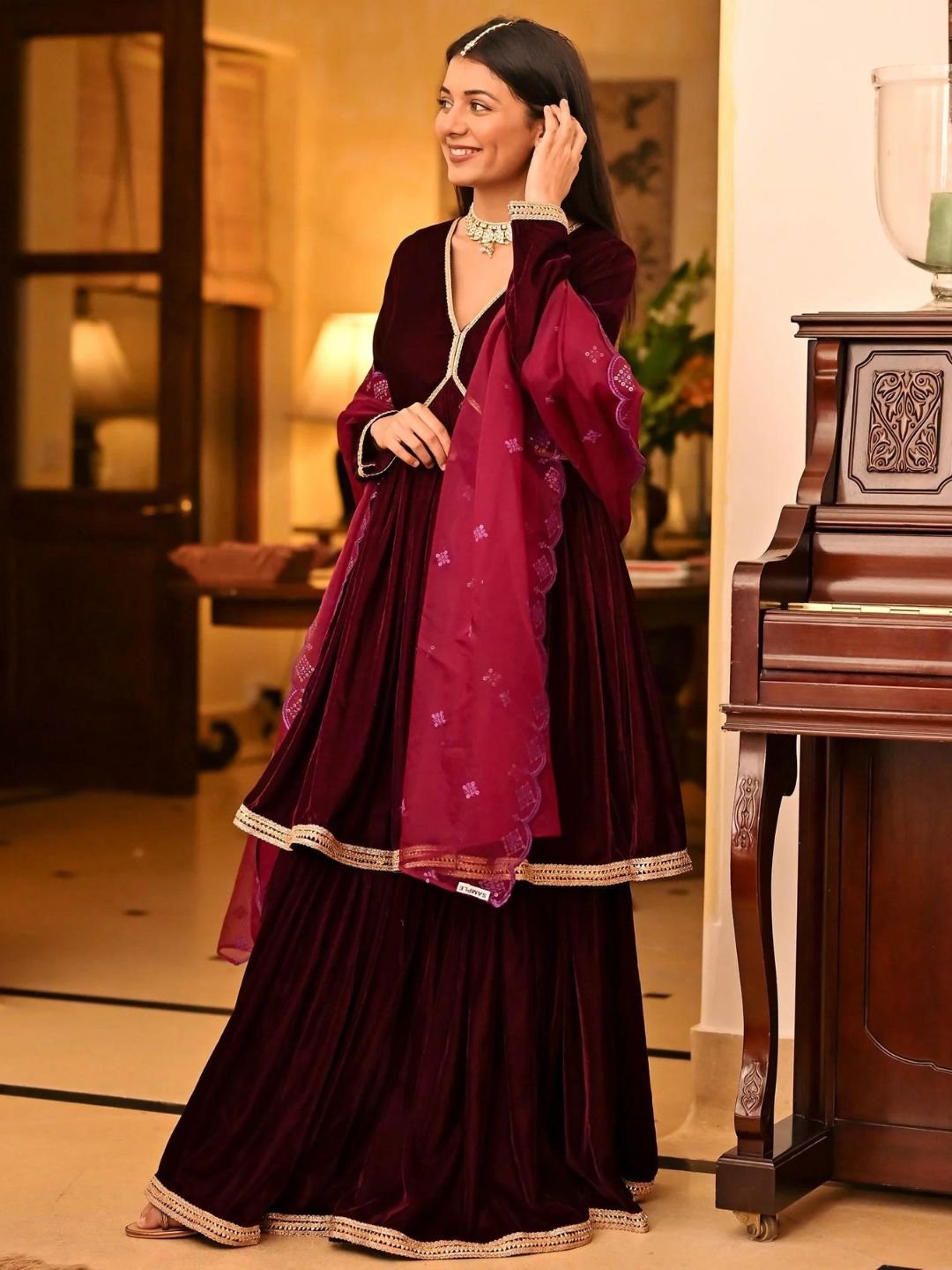 Lavanya The Label Magenta Velvet Sharara Set