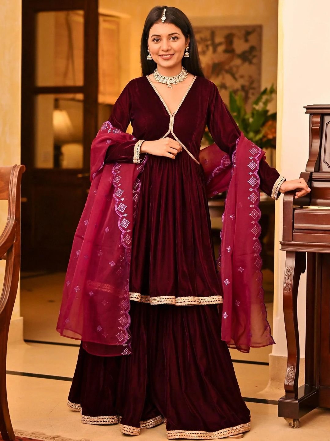Lavanya The Label Magenta Velvet Sharara Set