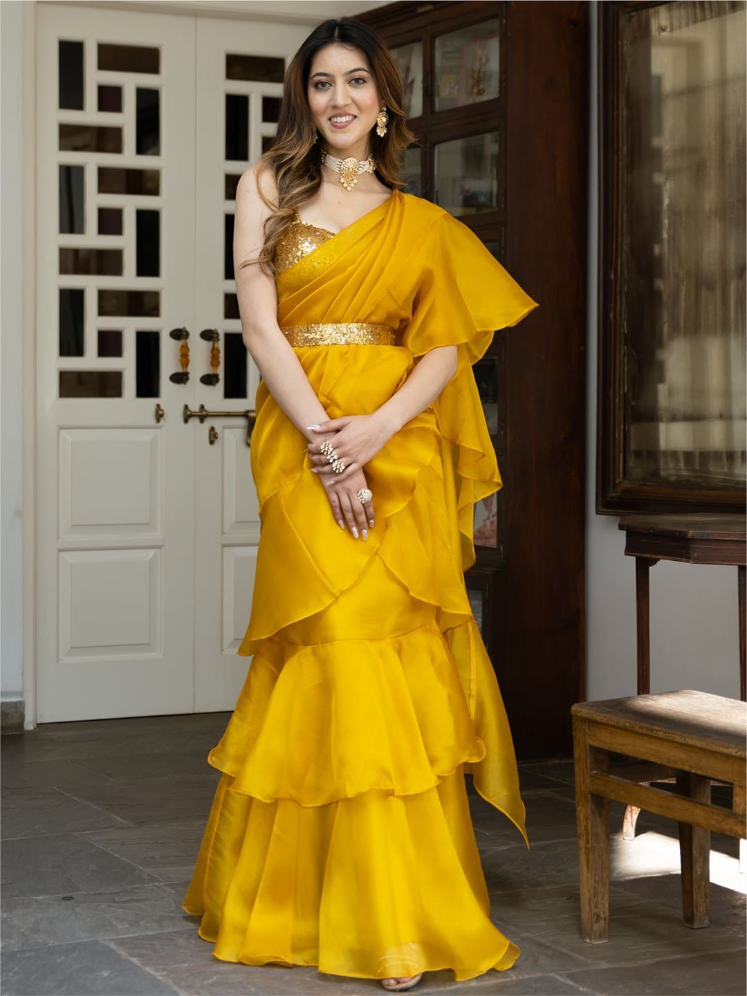 Lavanya The Label Mustard & Gold-Toned Sequinned Organza Ready to Wear Saree