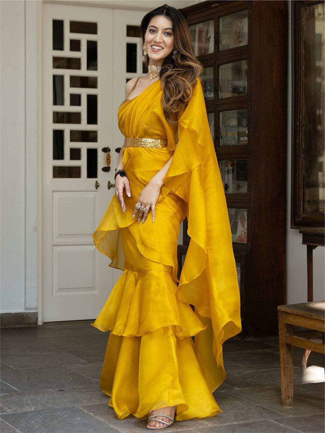 Lavanya The Label Mustard & Gold-Toned Sequinned Organza Ready to Wear Saree