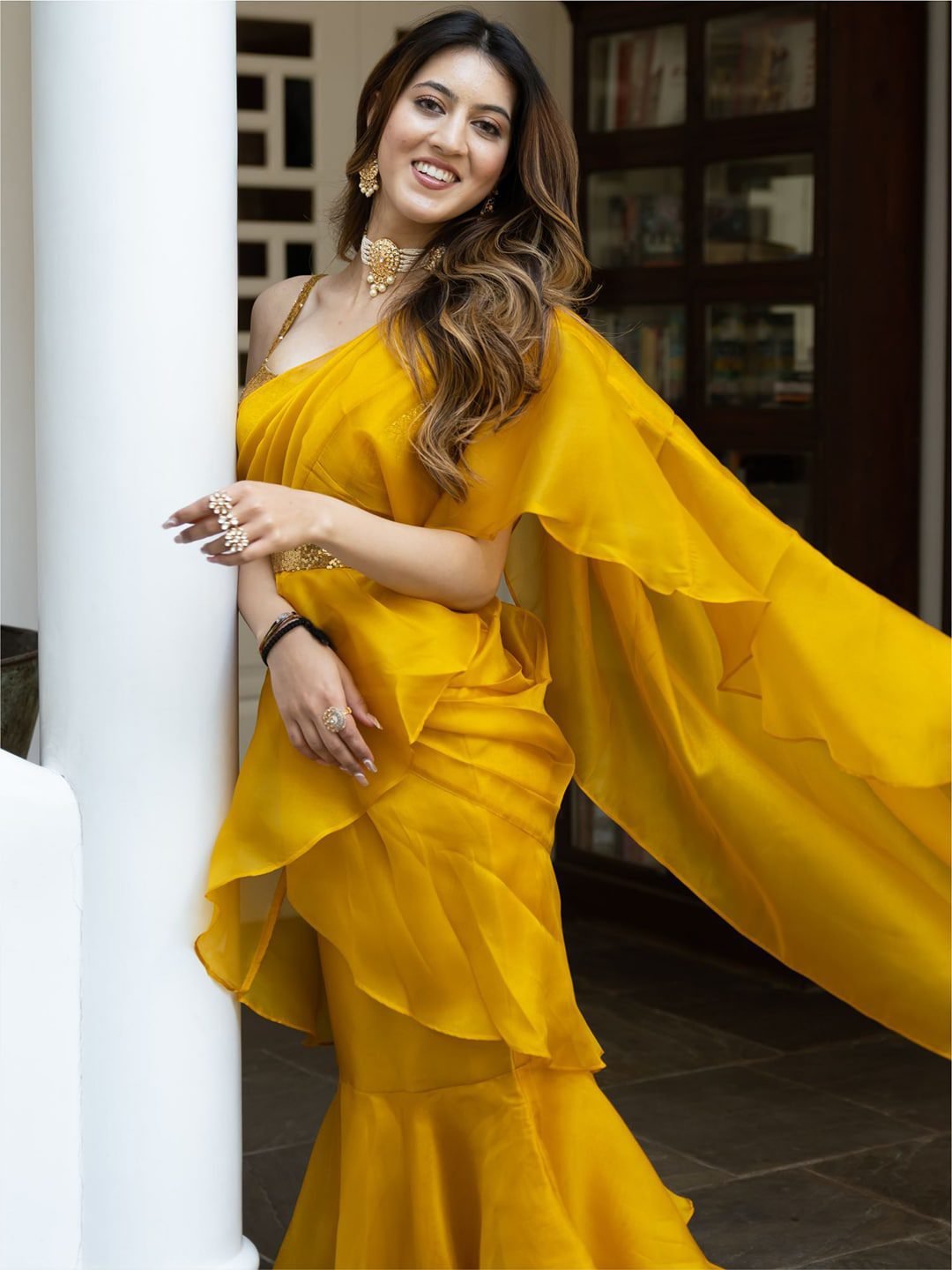 Lavanya The Label Mustard & Gold-Toned Sequinned Organza Ready to Wear Saree