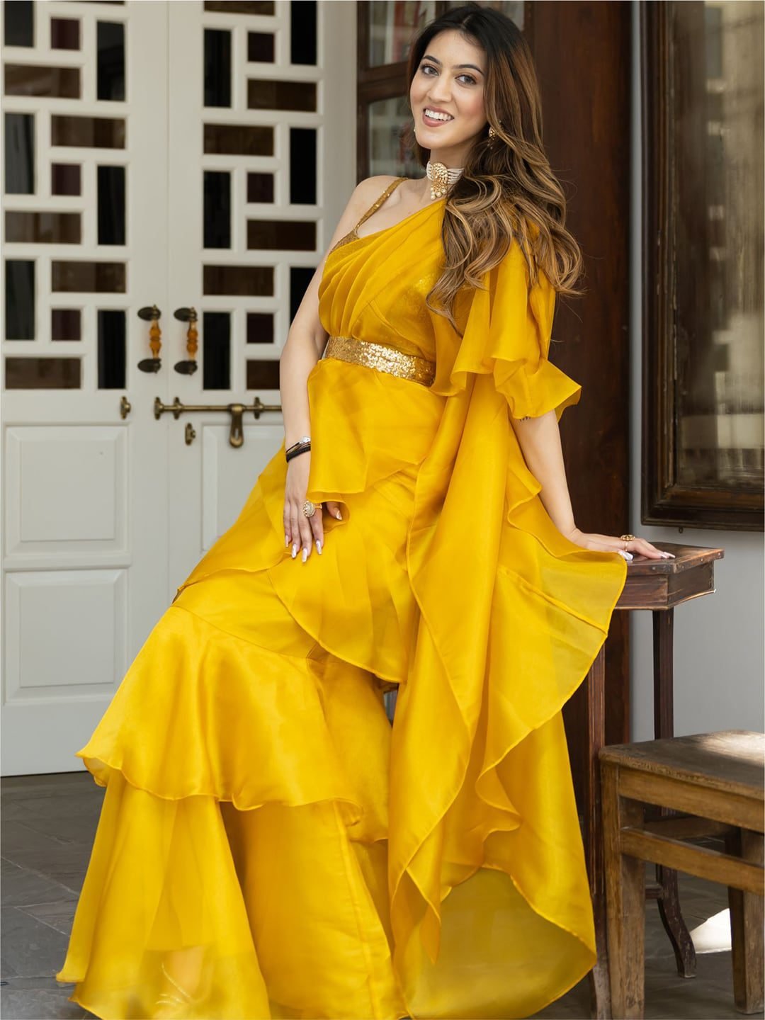 Lavanya The Label Mustard & Gold-Toned Sequinned Organza Ready to Wear Saree