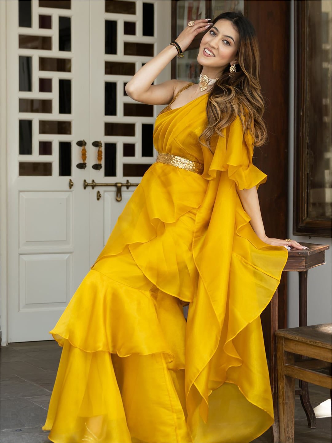 Lavanya The Label Mustard & Gold-Toned Sequinned Organza Ready to Wear Saree