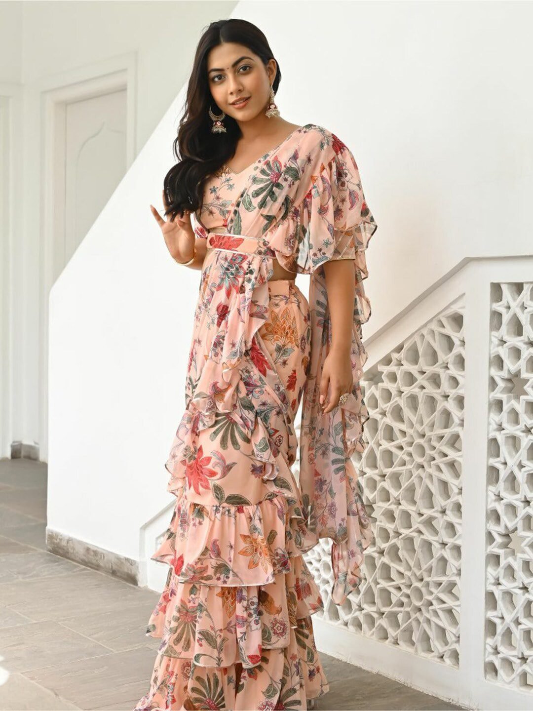 Lavanya The Label Peach-Coloured Floral Printed Ready To Wear Ruffle Saree