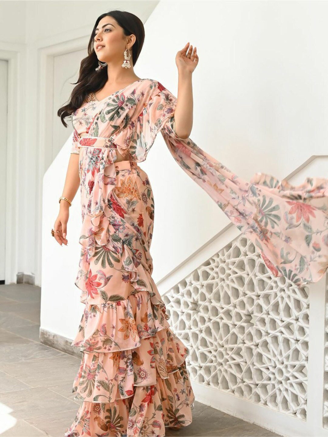 Lavanya The Label Peach-Coloured Floral Printed Ready To Wear Ruffle Saree