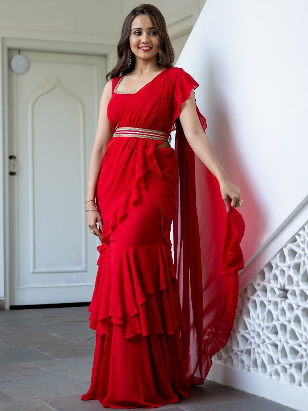 Lavanya The Label Red Pure Georgette Ruffles Saree