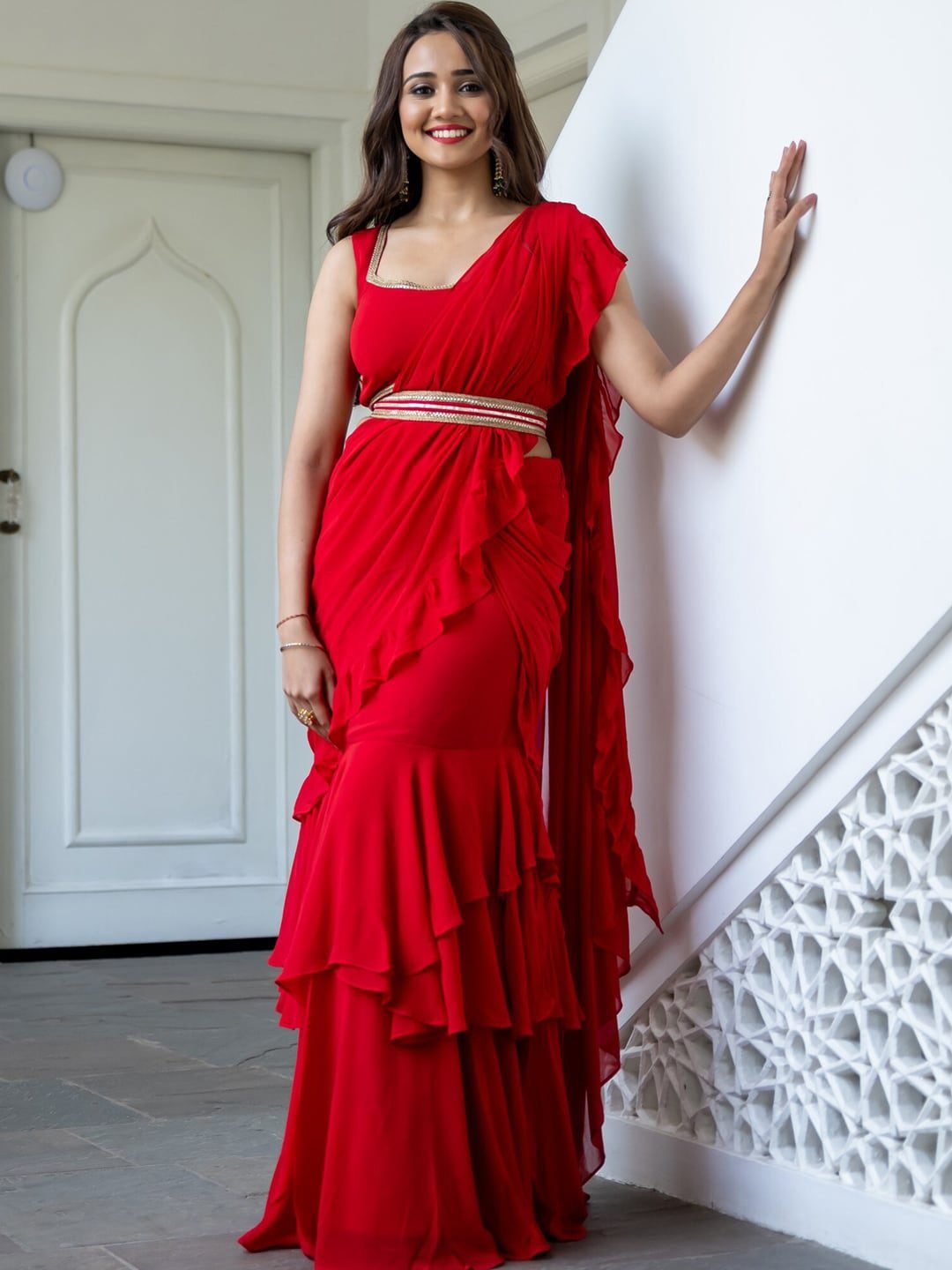 Lavanya The Label Red Pure Georgette Ruffles Saree