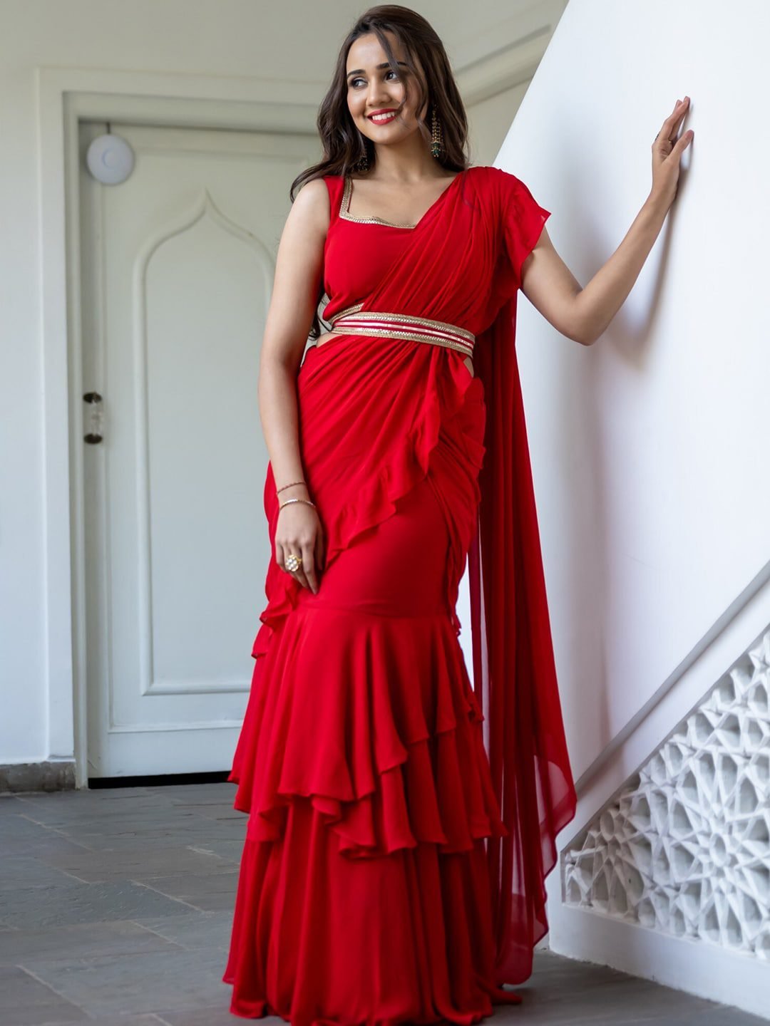 Lavanya The Label Red Pure Georgette Ruffles Saree