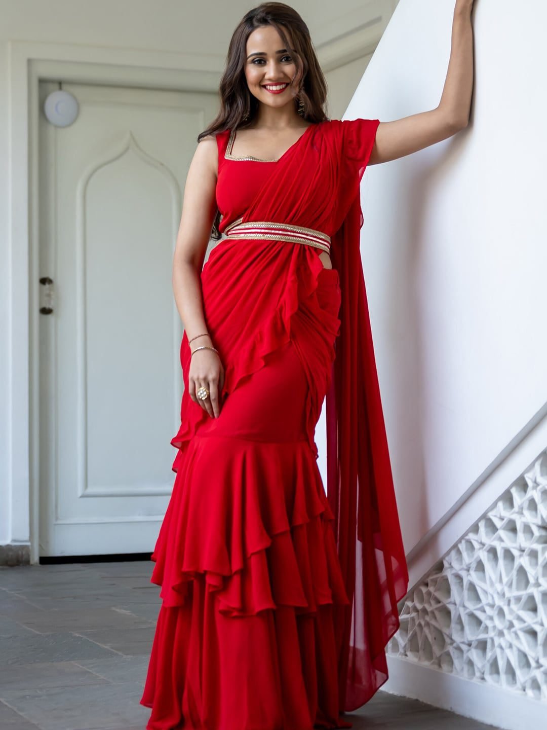 Lavanya The Label Red Pure Georgette Ruffles Saree