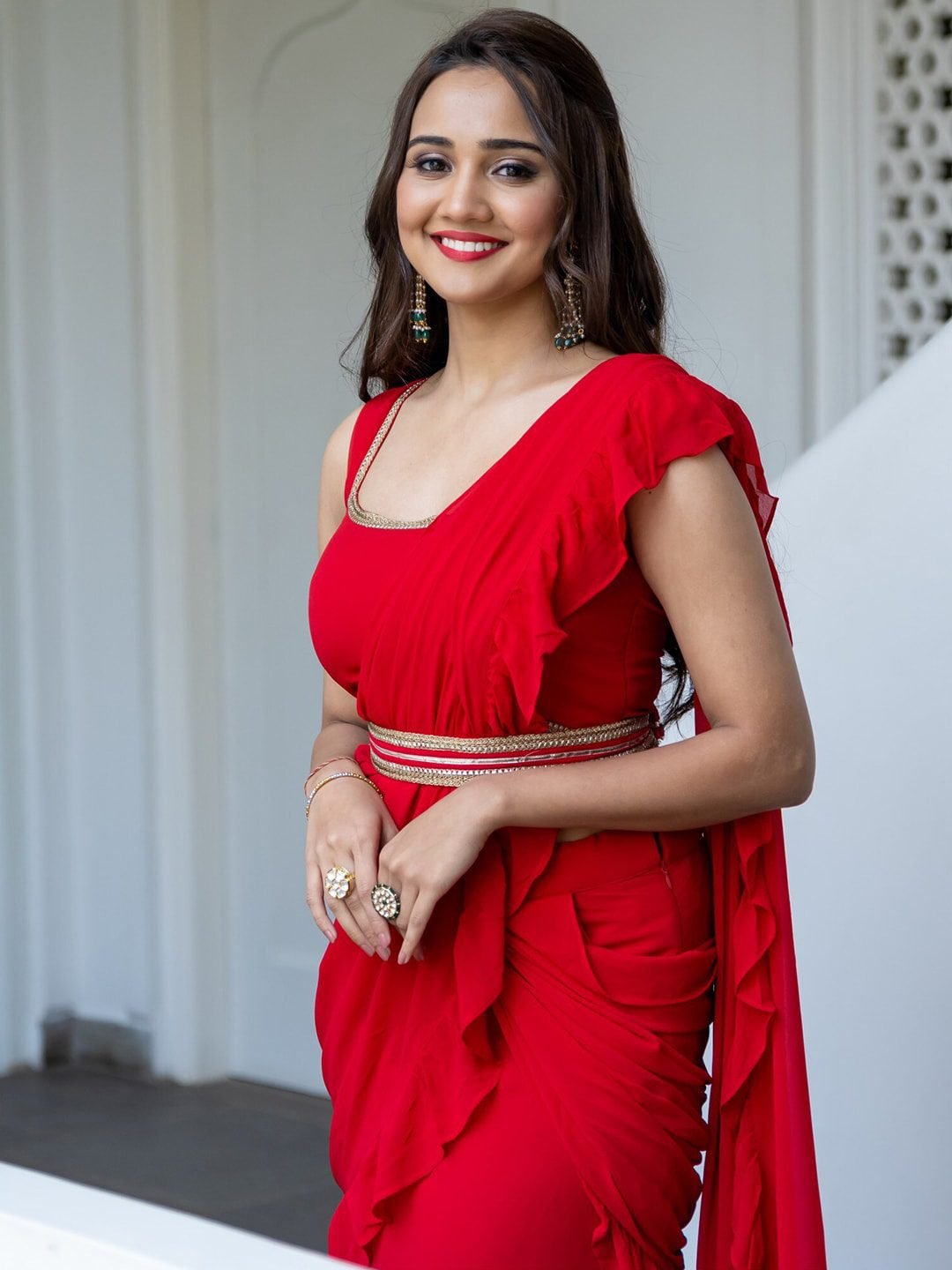 Lavanya The Label Red Pure Georgette Ruffles Saree