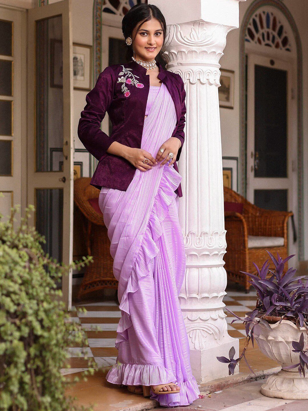 Lavanya The Label Ruffled Saree With Embroidered Jacket